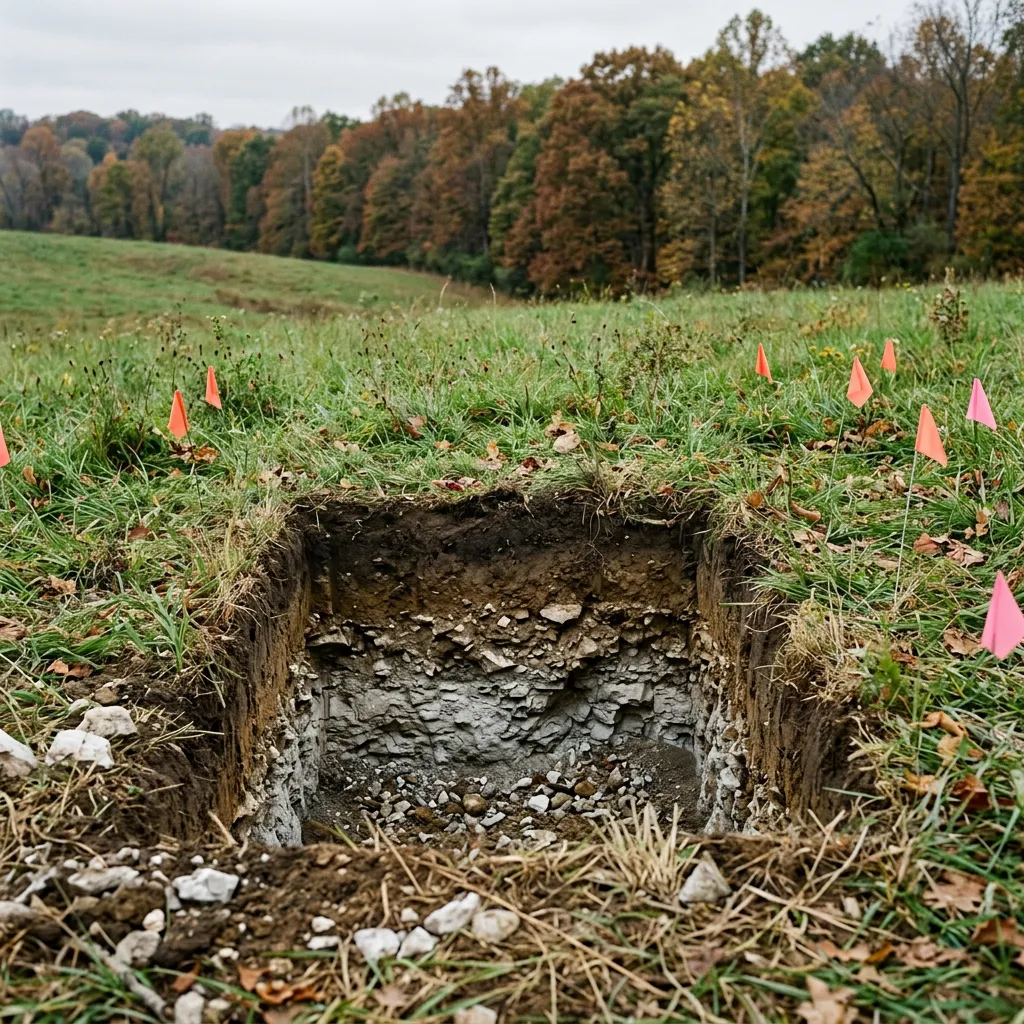 Soil profile in a marked test pit on a Boyle County parcel near Danville, relevant to septic site-evaluation assistance.