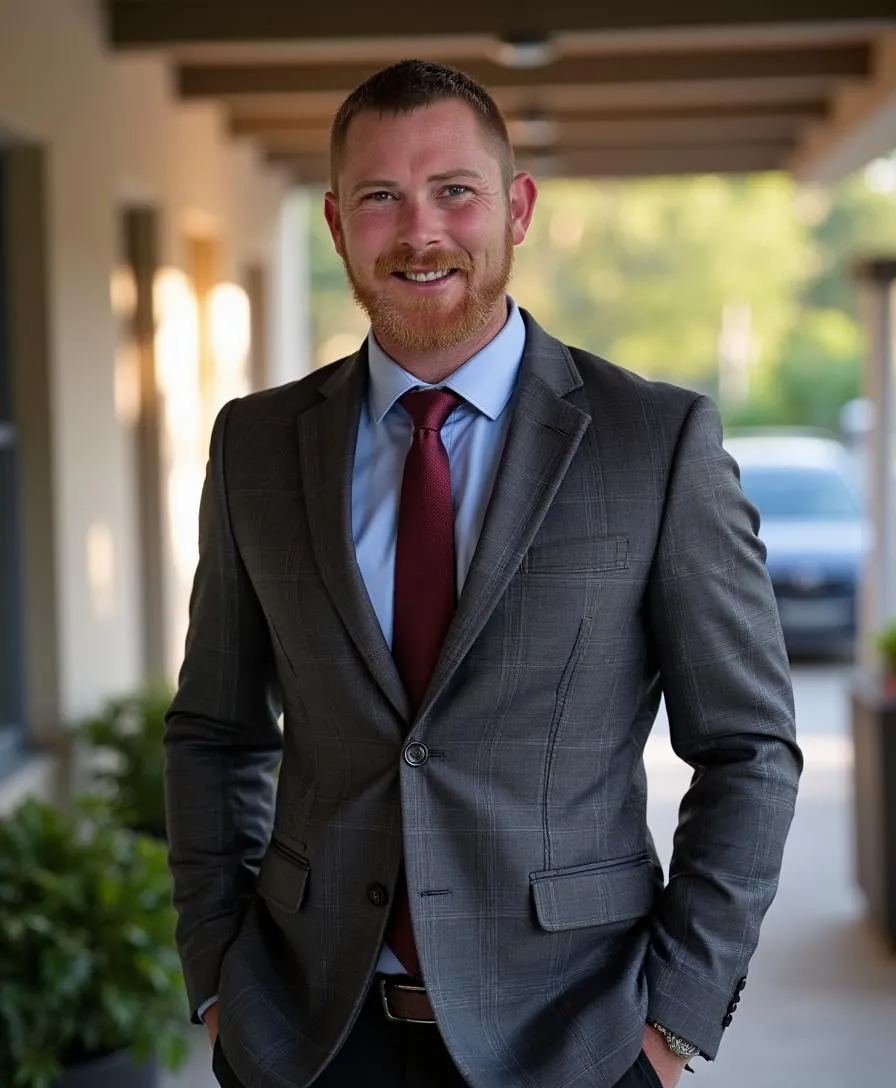Professional portrait of Alexandra Bennett, a confident woman in her 40s with short brown hair, wearing a navy blazer and white shirt, standing in a sunlit modern office, smiling warmly.