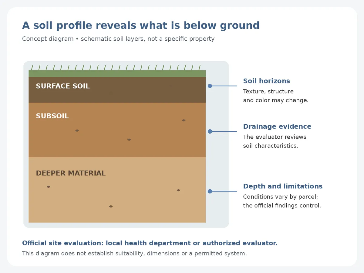Schematic soil profile showing surface soil, subsoil and deeper material observed during evaluation.