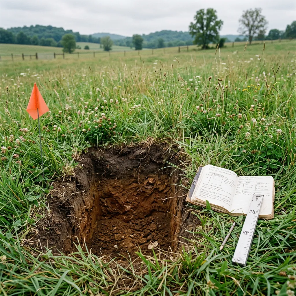 Open soil profile in grass beside a field notebook, measuring rule and orange marker flag.