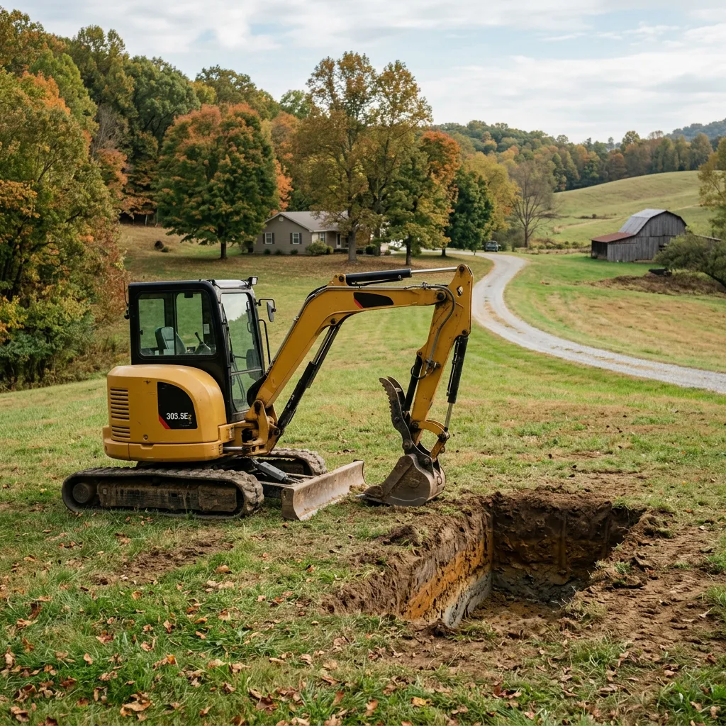 Illustrative compact excavator beside a residential septic site-evaluation test pit in Central Kentucky.