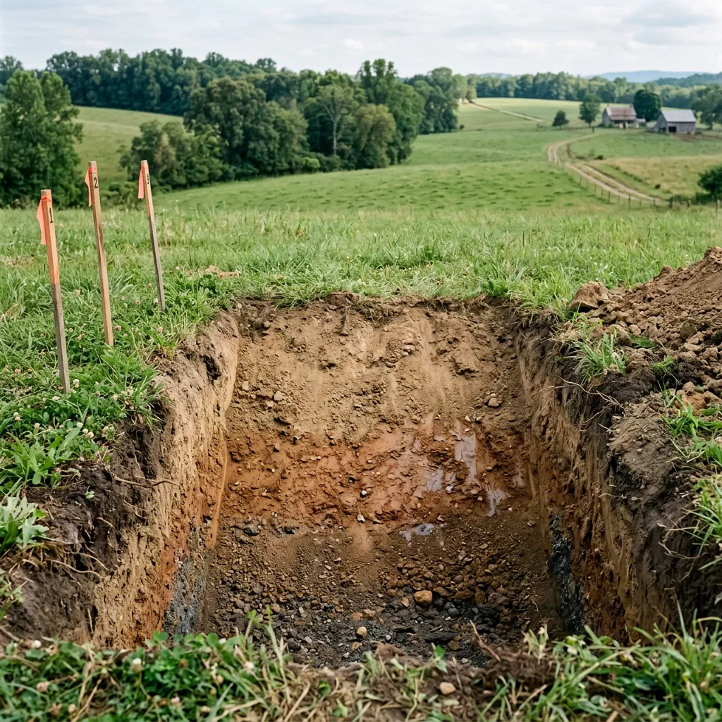 Exposed soil layers in a rural test pit, illustrating the site-evaluation discussion for a Mercer County property.