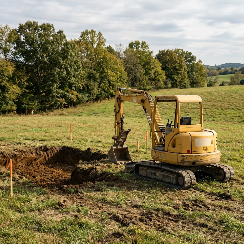 Compact tracked excavator beside a marked earth excavation, illustrating installation planning for a Mercer County septic project.