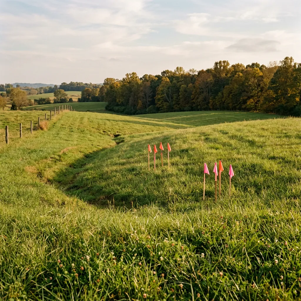 Marked grassy Boyle County parcel near Danville, illustrating septic access and drainage planning.
