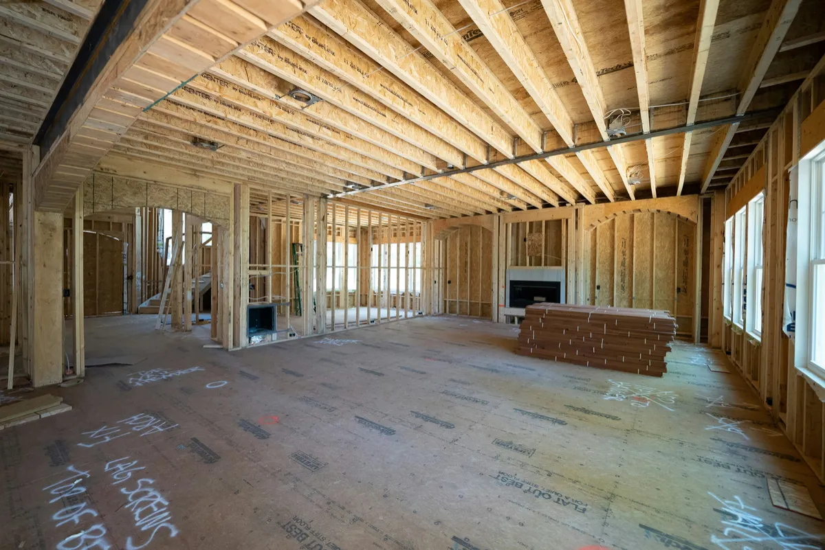 Residential timber framing interior — licensed construction photograph