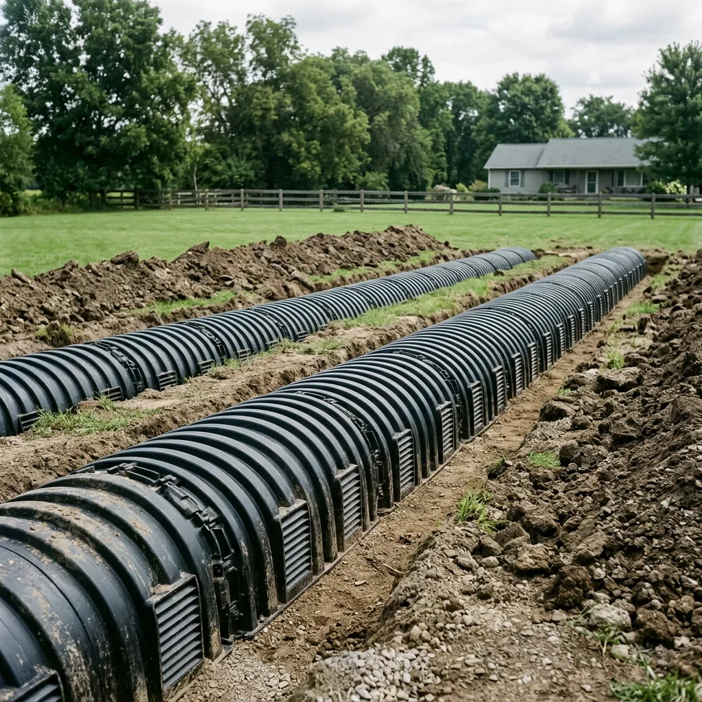 Illustrative arched septic leach-field chambers in parallel trenches before backfill at a rural residential site.