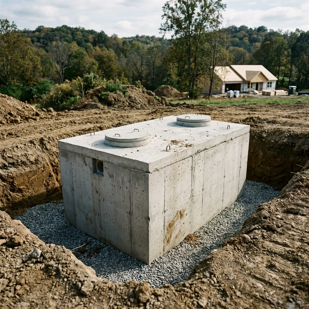 Illustrative precast concrete septic tank seated in a gravel-bedded excavation before pipe connections and backfill.