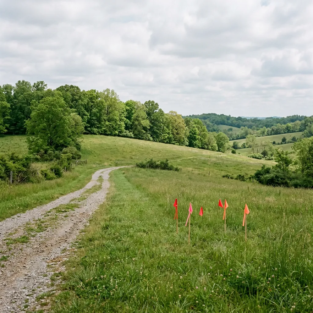 Gravel access lane across rolling pasture beside orange site marker flags.