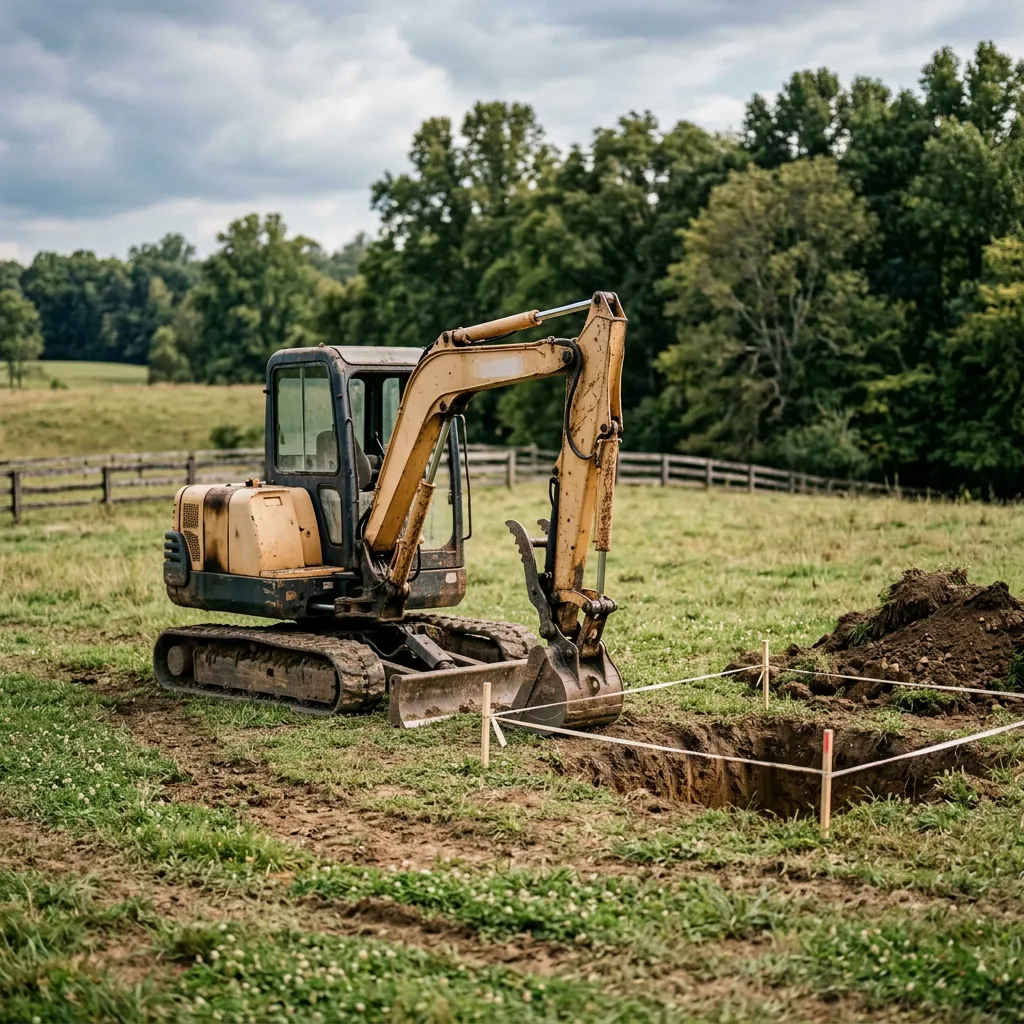 Compact tracked excavator beside a shallow excavation in grass.