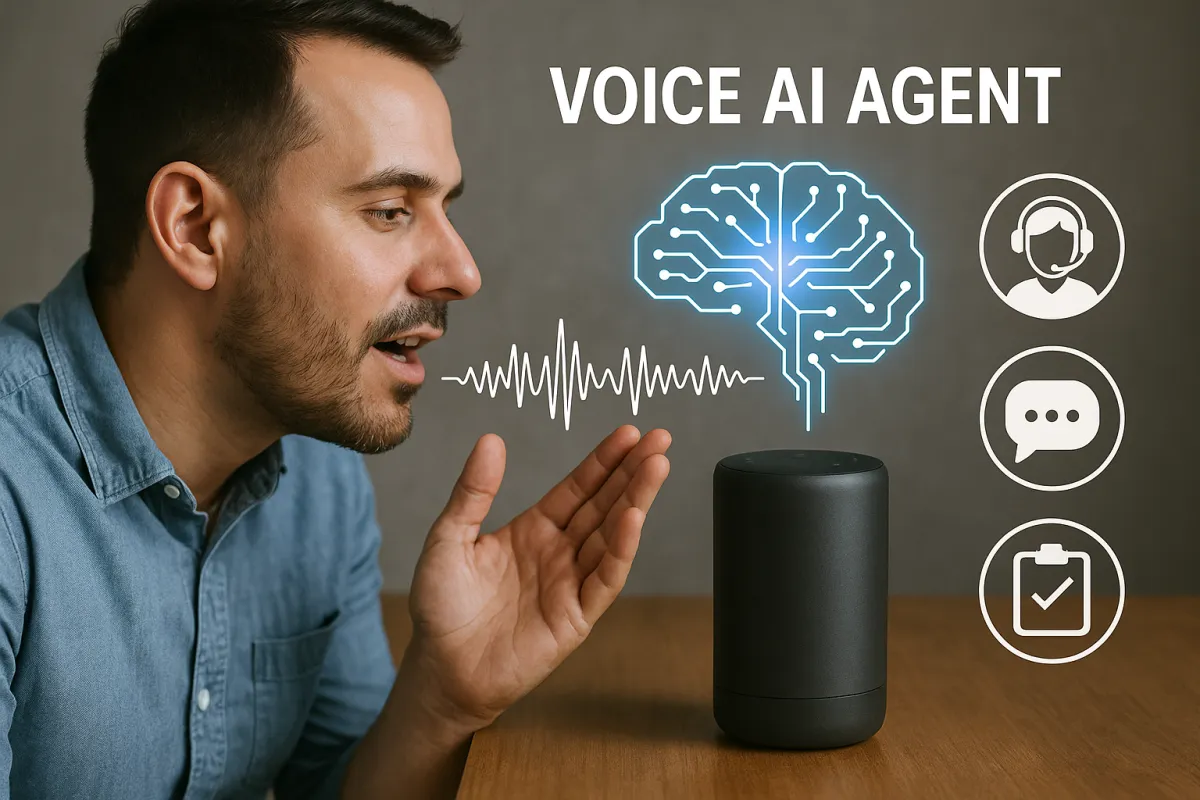 A vibrant digital illustration of a futuristic AI voice agent depicted as a glowing, semi-transparent humanoid figure with a headset, surrounded by floating sound waves and call icons, set in a modern office environment with soft blue gradients and subtle tech motifs.