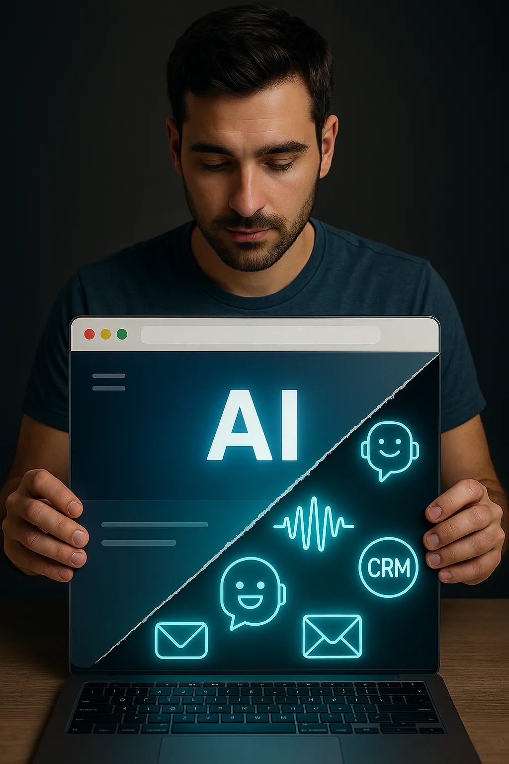 AI smart websites and funnels, man opening laptop showing the inner workings of AI