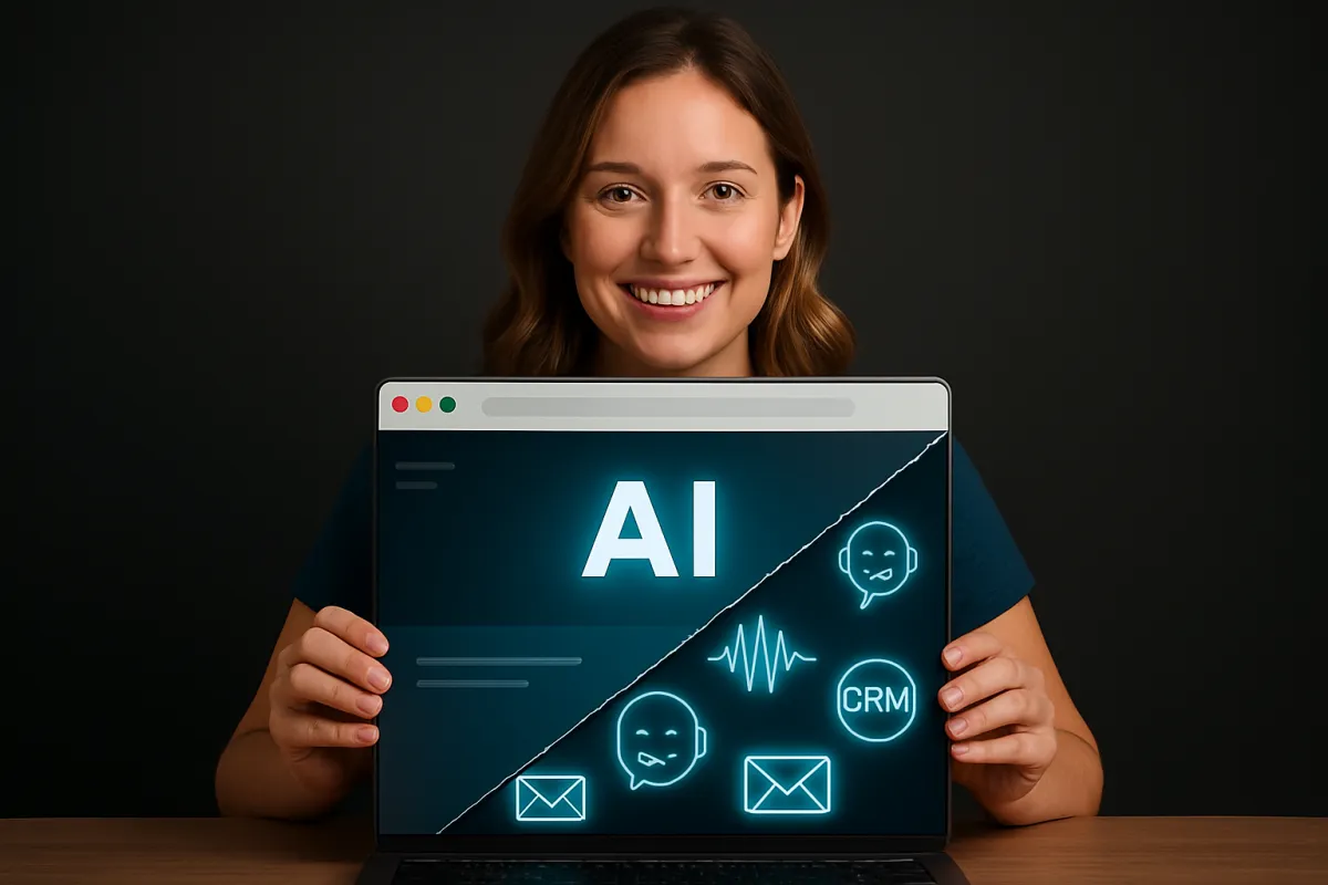 A vibrant image of a woman smiling at the camera, with an open laptop showing a smart website