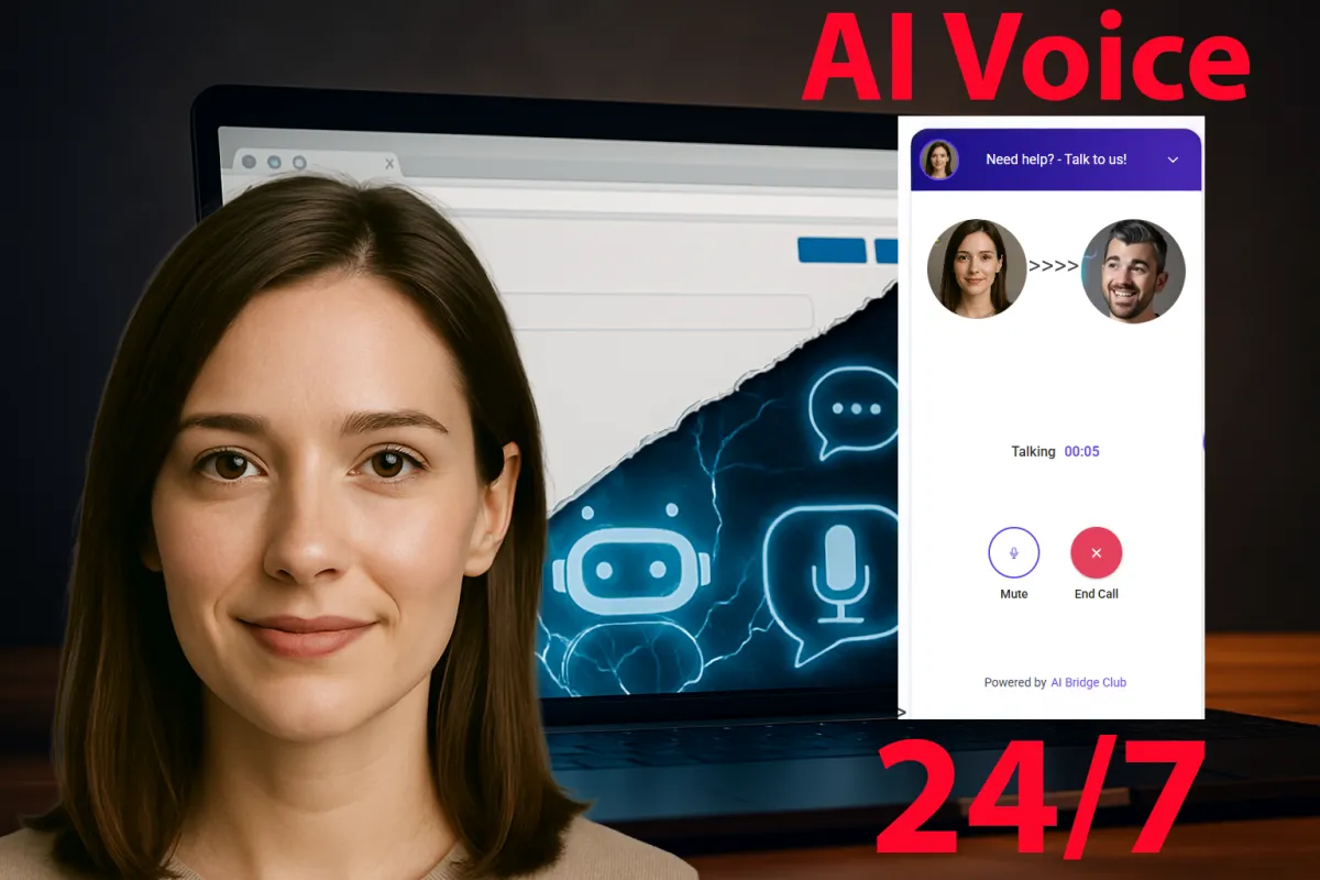 A vibrant digital illustration of a futuristic AI voice agent depicted as a glowing, semi-transparent humanoid figure with a headset, surrounded by floating sound waves and call icons, set in a modern office environment with soft blue gradients and subtle tech motifs.