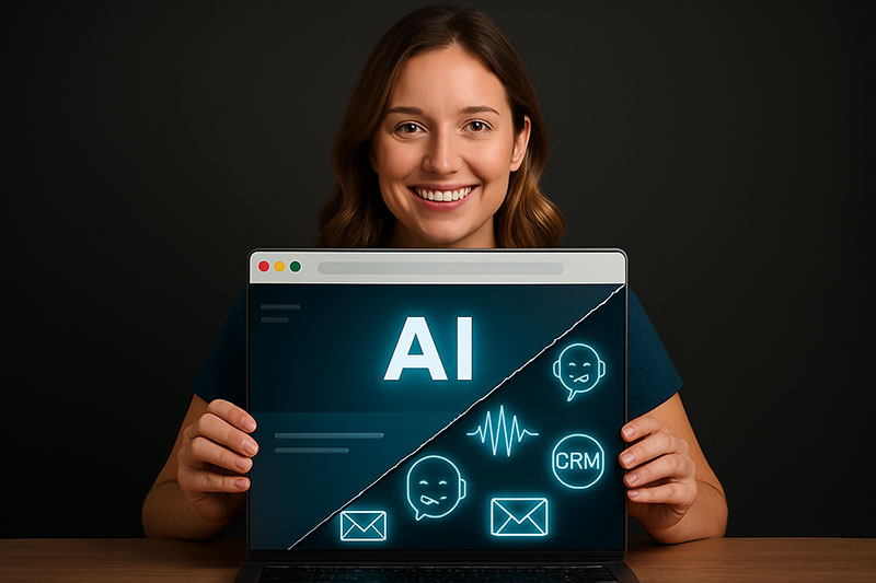 AI smart websites and funnels, man opening laptop showing the inner workings of AI