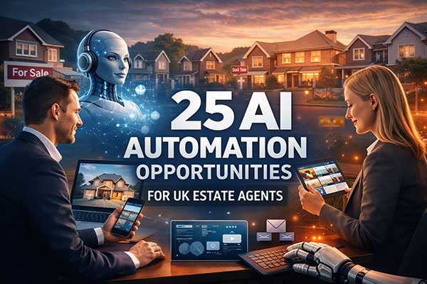 AI automation opportunities for UK estate agents showing AI technology helping agents manage property enquiries, listings and digital marketing