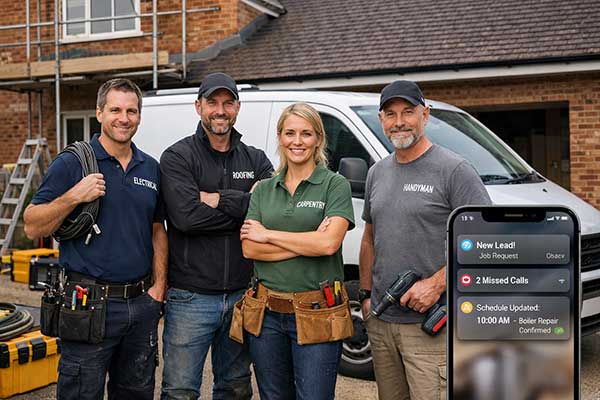 Professional UK tradespeople team beside a work van outside a home, showing modern business automation for faster customer response and fewer missed calls