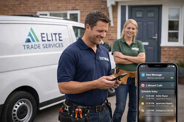 UK tradesperson using smartphone beside work van, showing organised bookings and less admin for a better-run trade business