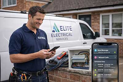 UK electrician using smartphone beside work van to manage bookings and customer enquiries