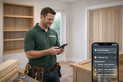 UK joiner checking smartphone with organised project enquiries beside fitted woodwork