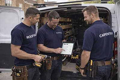 Small UK trade team loading tools into a work van while reviewing the day’s job plan together