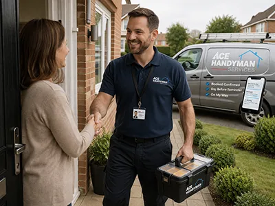 UK handyman arriving at a customer’s home with toolbox and greeting the homeowner at the door