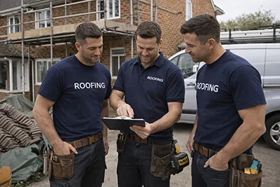 UK roofing team reviewing the day’s jobs beside scaffolding and roofing materials outside a house