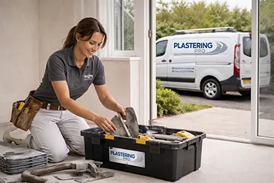UK plasterer finishing work in a freshly completed room with tools packed away and van outside