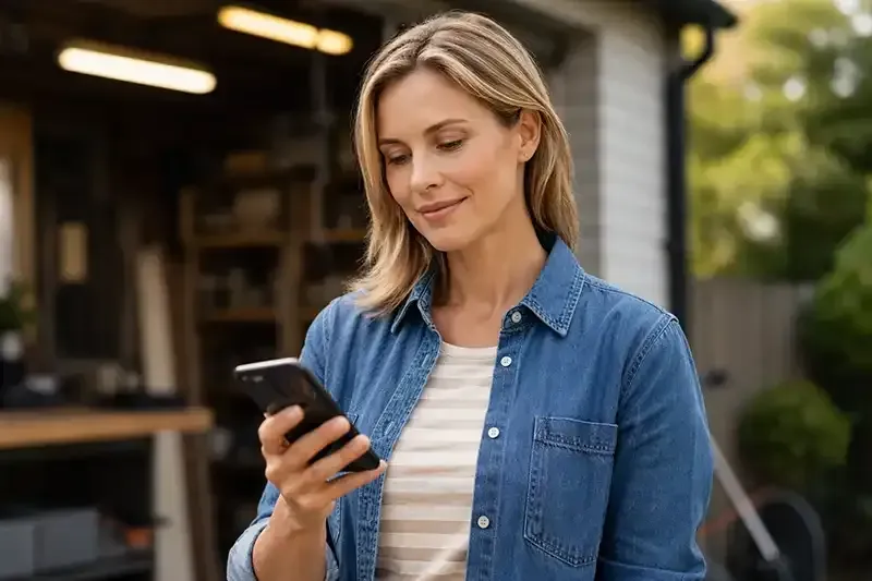 Small business owner using AI automation tools on their phone in Cheshire