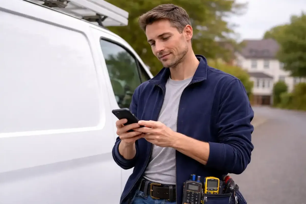 Self-employed electrician in Cheshire checking automated AI messages on their phone between jobs