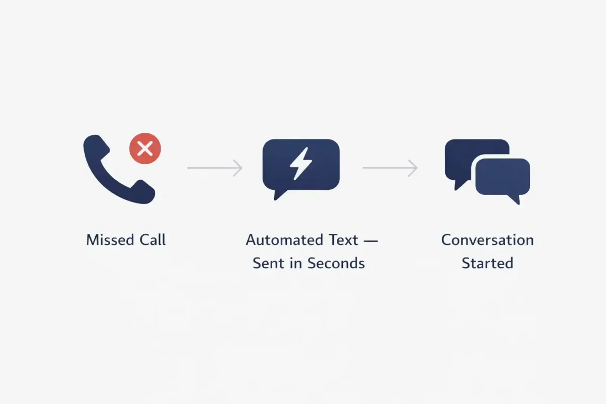 Three-step process showing missed call triggering automated SMS and starting a conversation