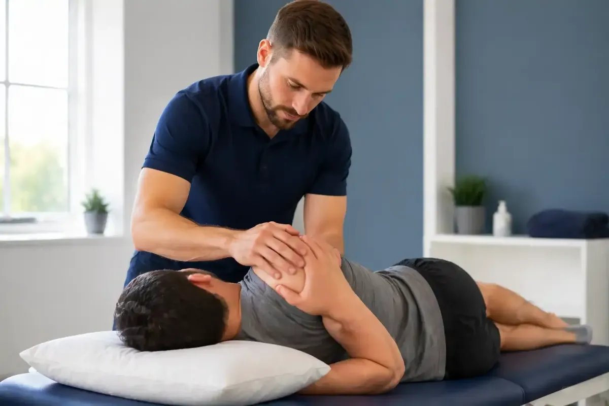 UK physiotherapist treating a patient in a modern private clinic
