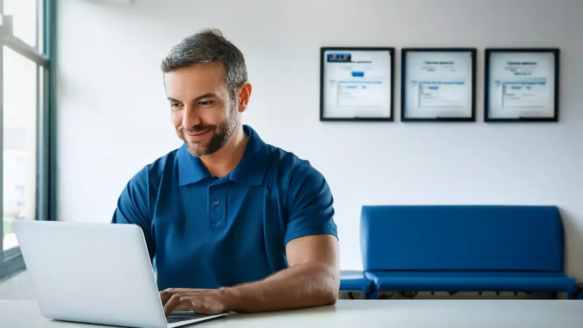 UK physiotherapist reviewing AI marketing results for private physio clinic on laptop