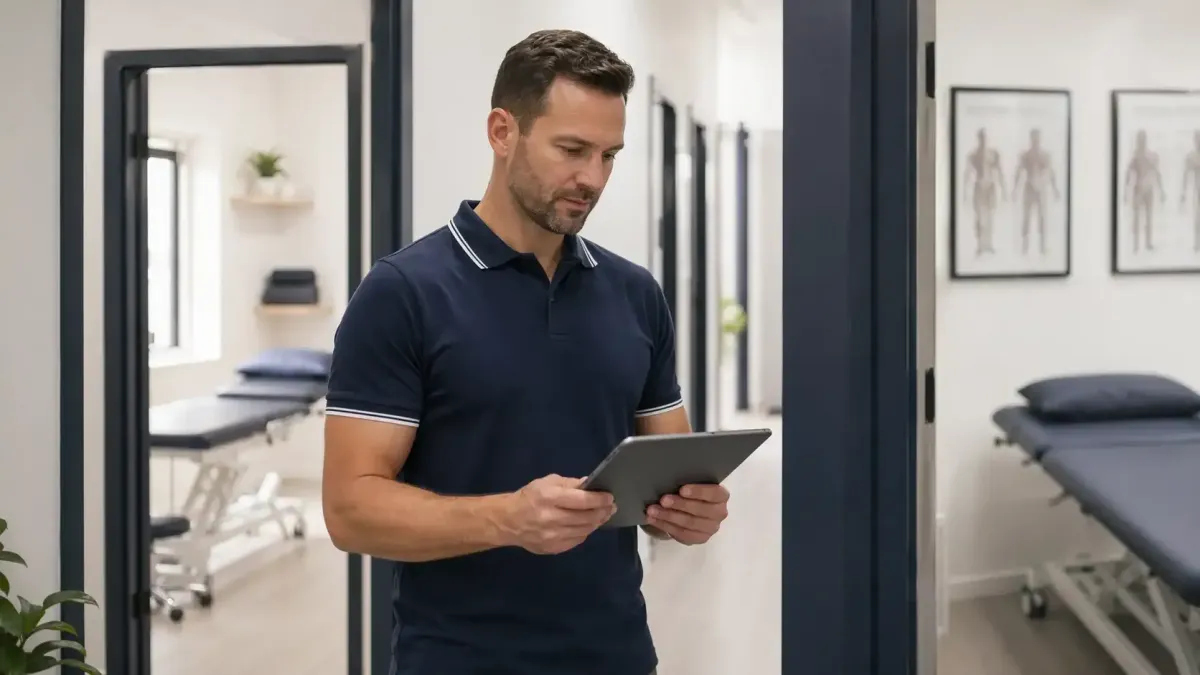 UK private physiotherapy clinic owner reviewing automated systems on tablet between patient sessions