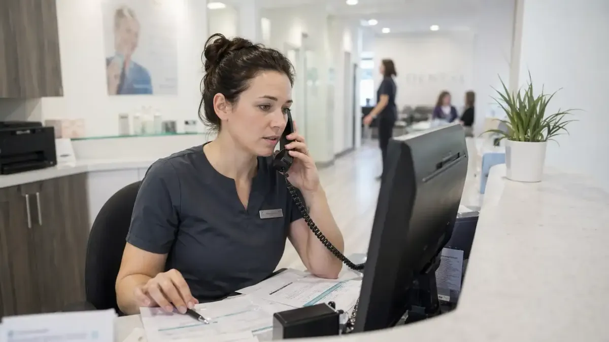 Dental receptionist managing multiple patient calls and admin tasks at busy UK dental practice