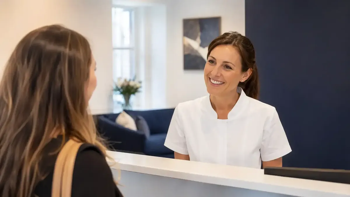 UK private dental practice reception with dentist welcoming patient in modern clinical setting