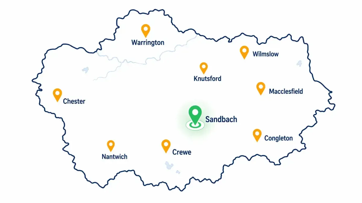 Map of Cheshire and North West England showing AI Bridge Club dental practice service areas