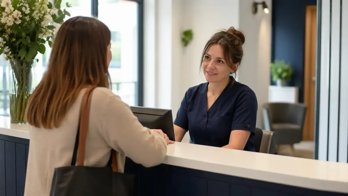 Modern UK private dental practice reception desk with AI receptionist handling patient enquiries