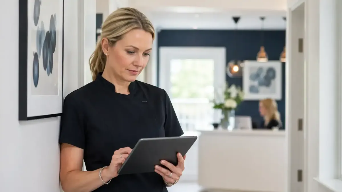 UK private dental practice owner reviewing AI automation systems on tablet between patient appointments