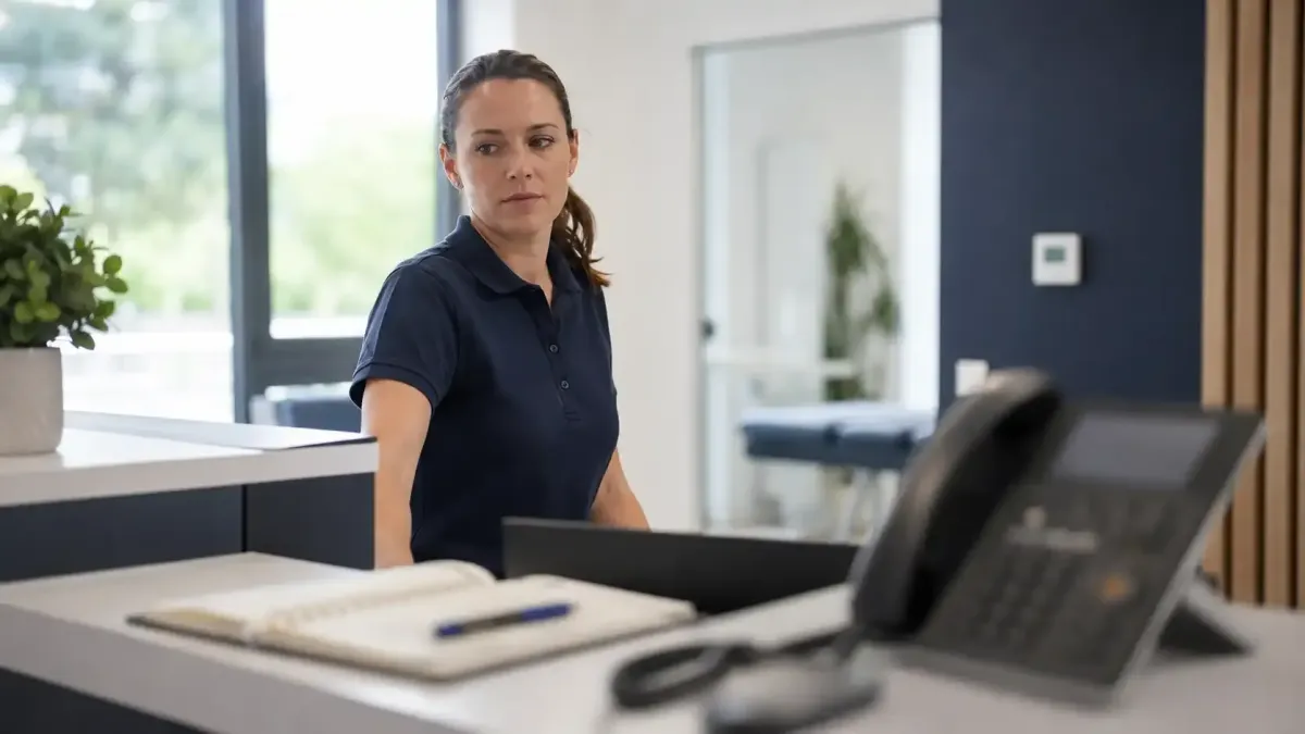 Physiotherapist at reception with phone ringing — missed call at a private physio clinic