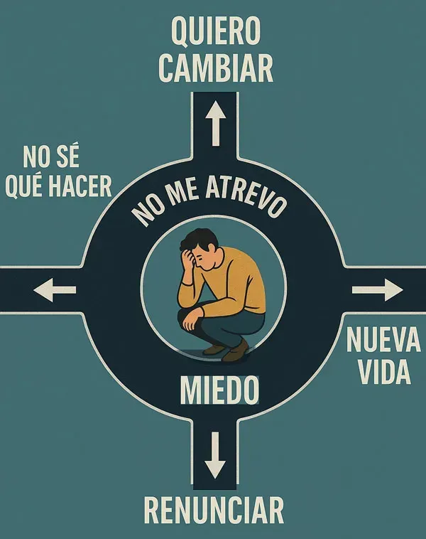 La rotonda de la insatisfacción por Juan Pablo Gaviria: Ilustración de una rotonda con salidas etiquetadas como “Quiero cambiar”, “Renunciar”, “Nueva Vida”, “No sé qué hacer”, y en el centro una persona cabizbaja con la leyenda “No me atrevo”.