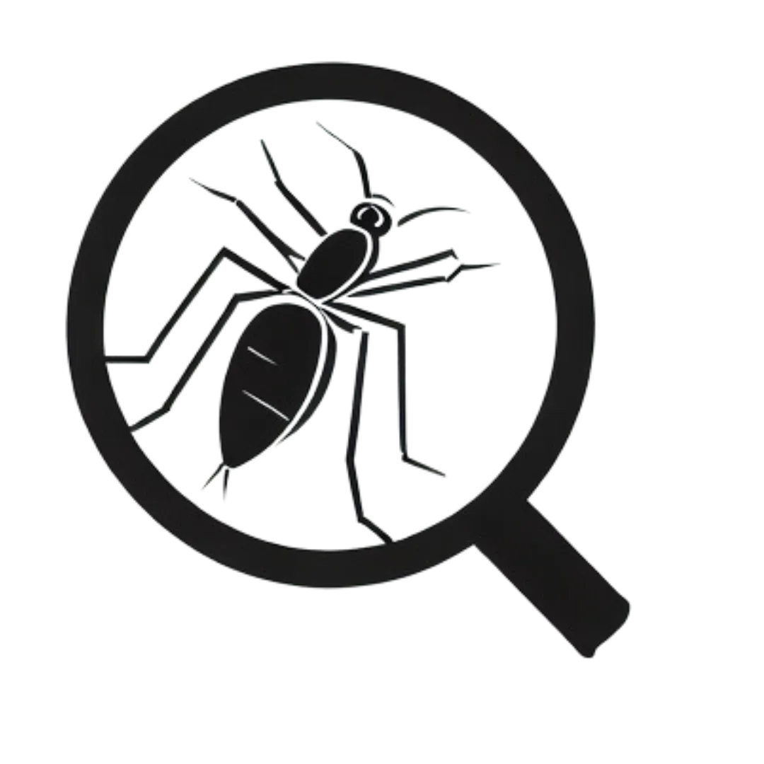 black logo of a pest under a magnifying glass