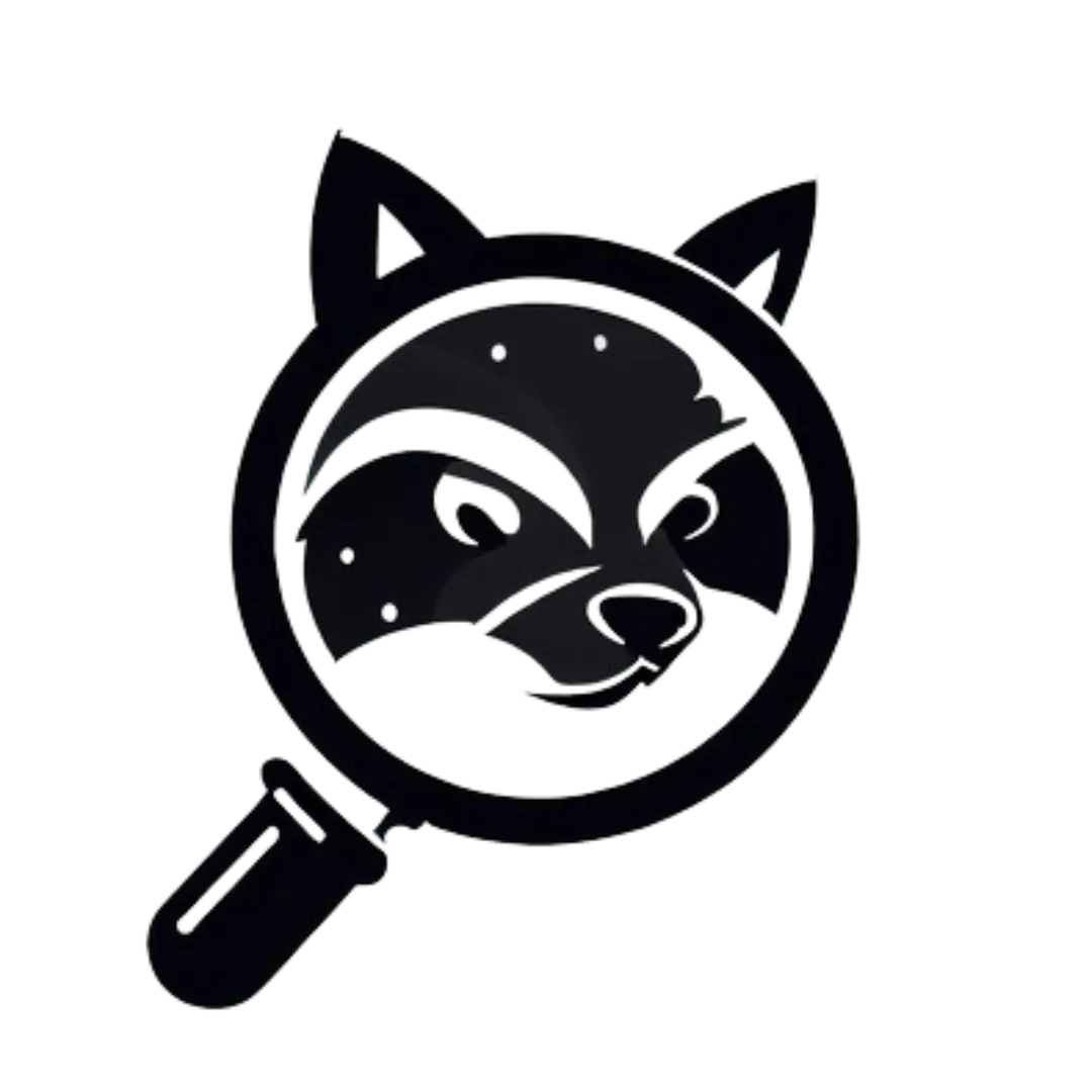 black logo of a racoon under a magnifying glass