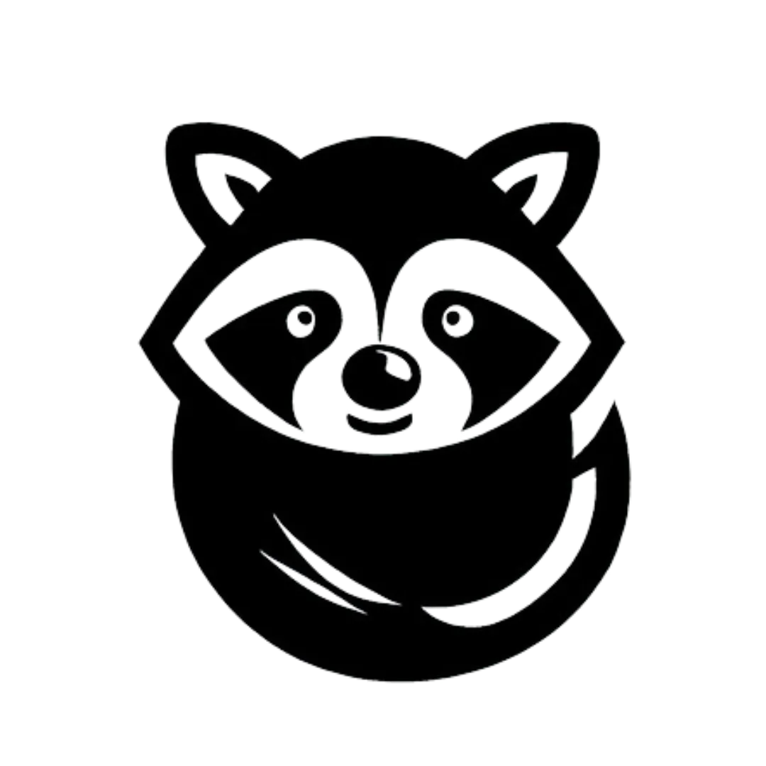 black logo of a smiling racoon