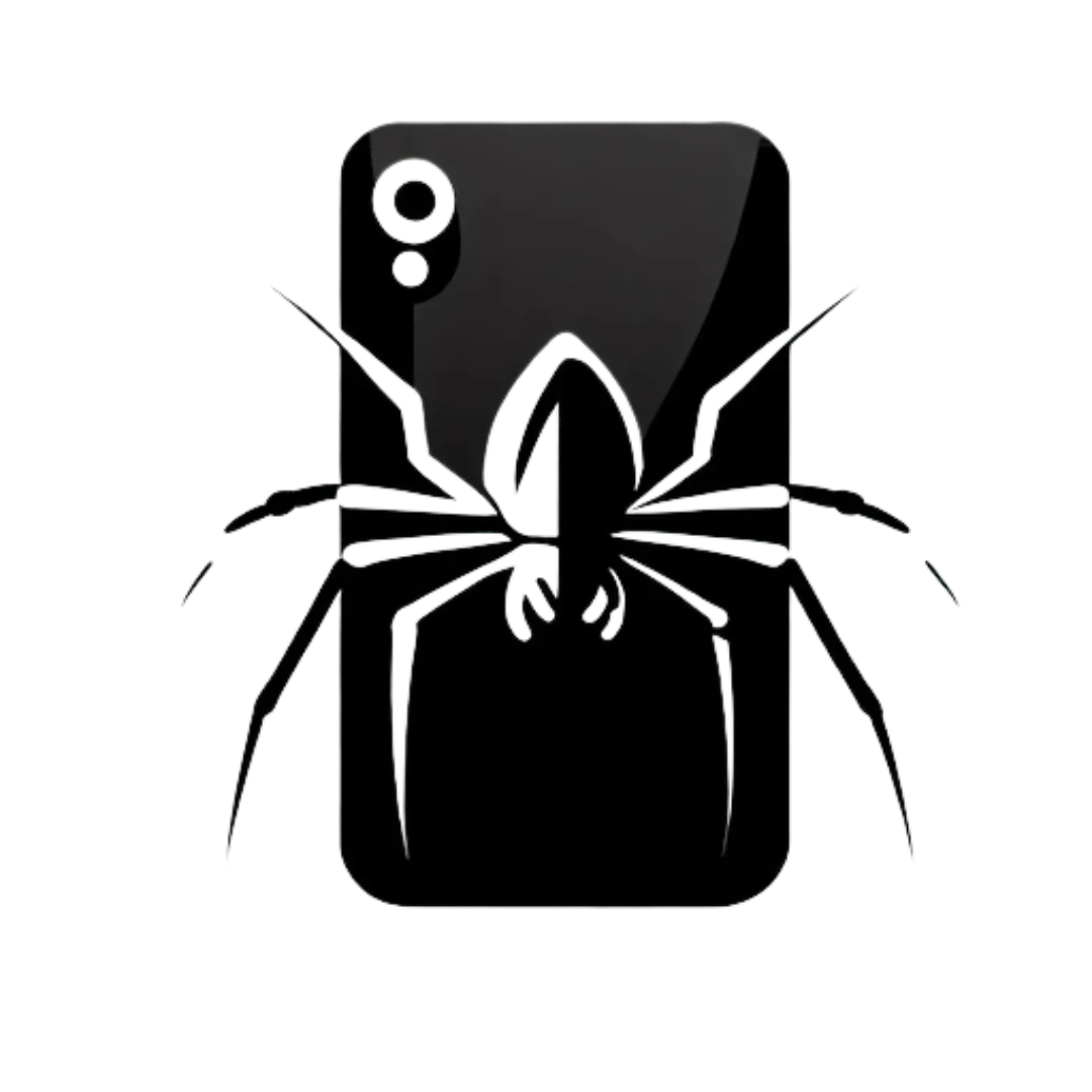 black logo of a spider crawling on a mobile phone