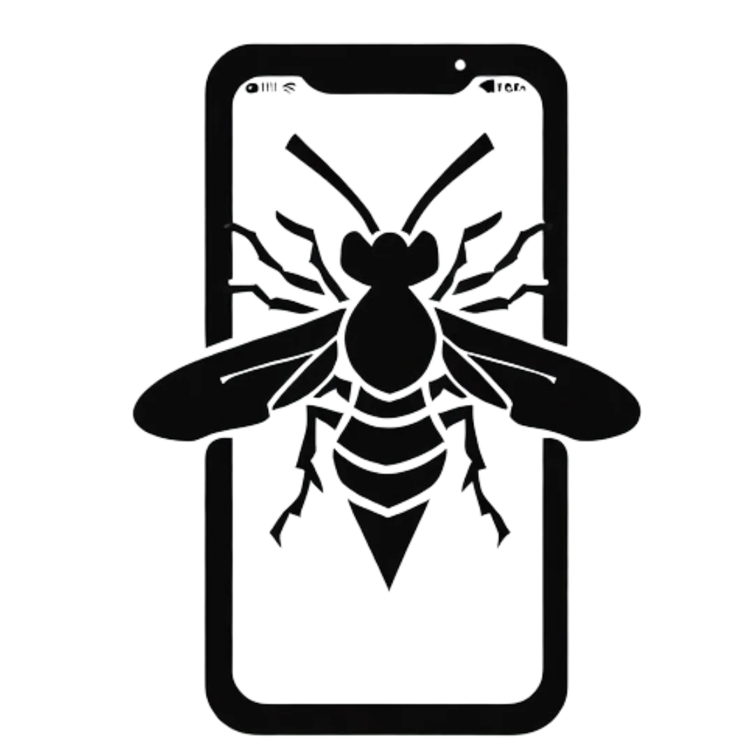 black logo of a wasp crawling on a mobile phone