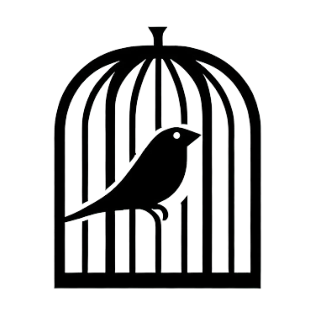 black logo of a bird in a cage