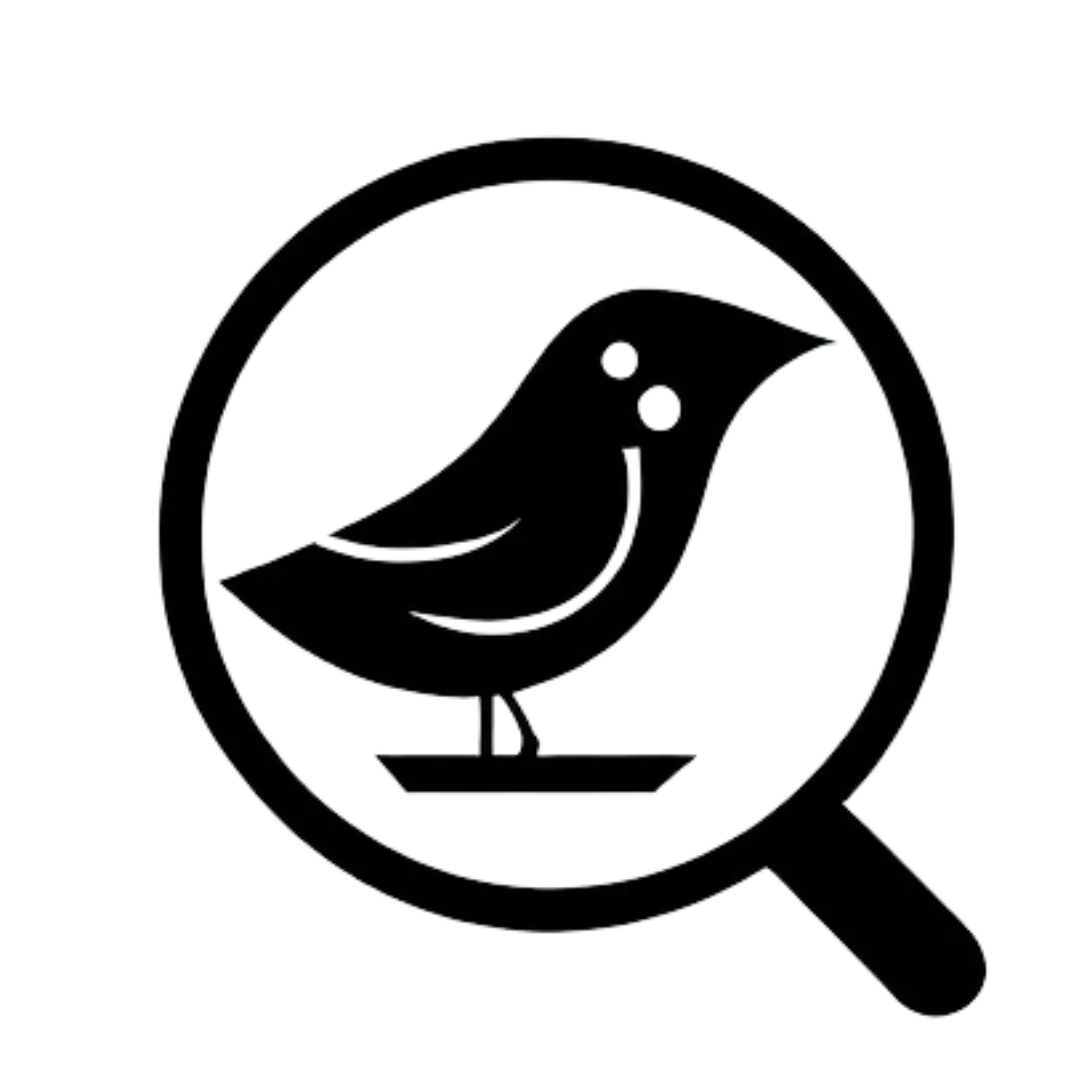 black logo of a bird under a magnifying glass