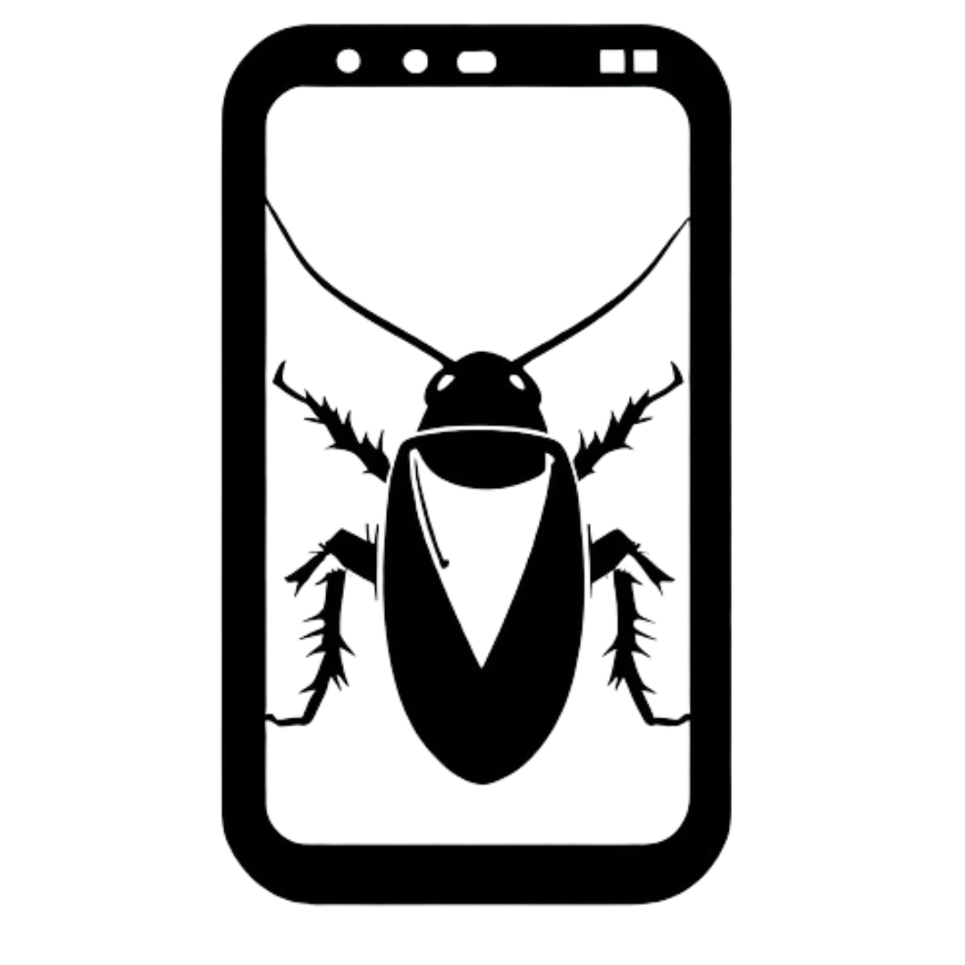 black logo of a cockroach crawling on a mobile phone