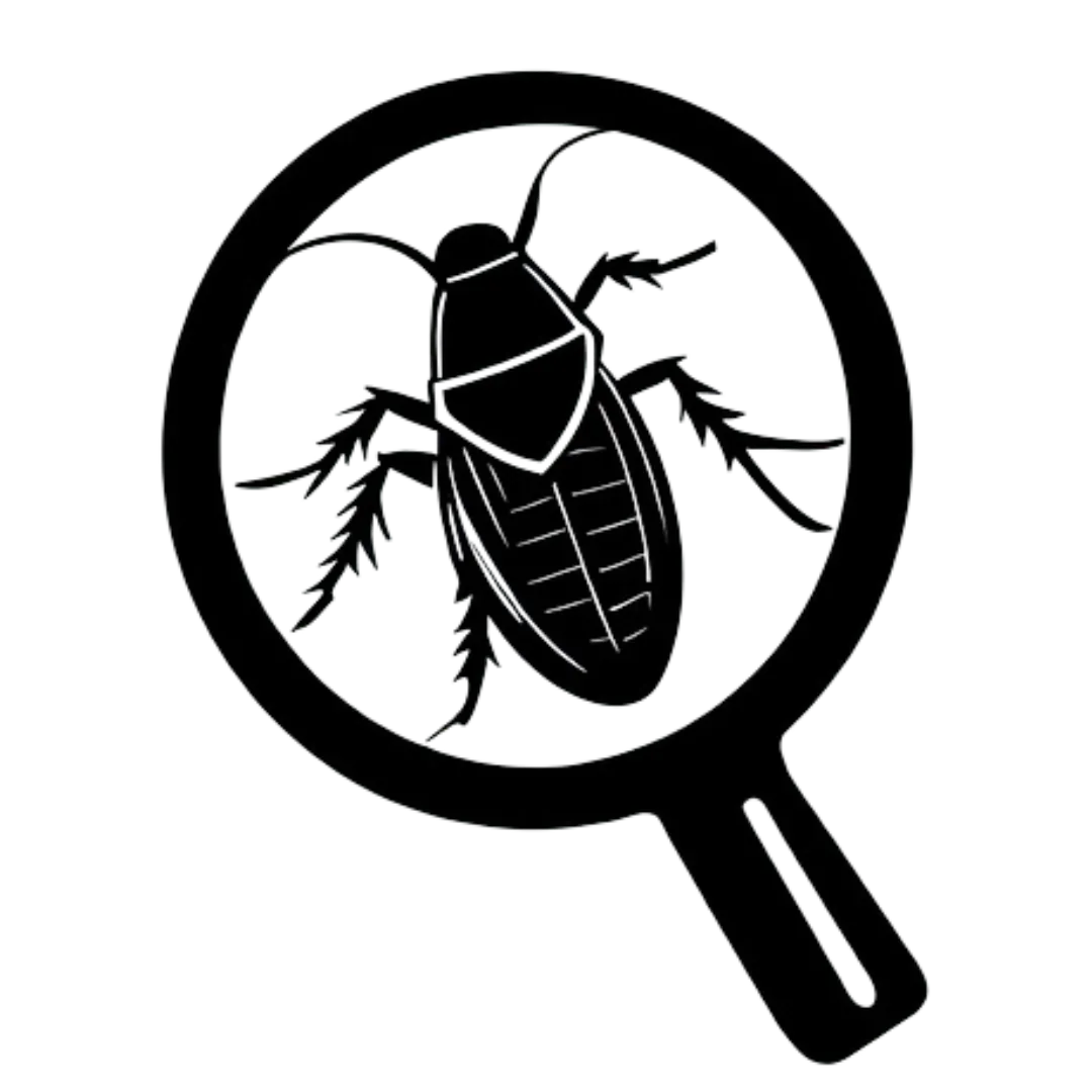 black logo of a cockroach under a magnifying glass