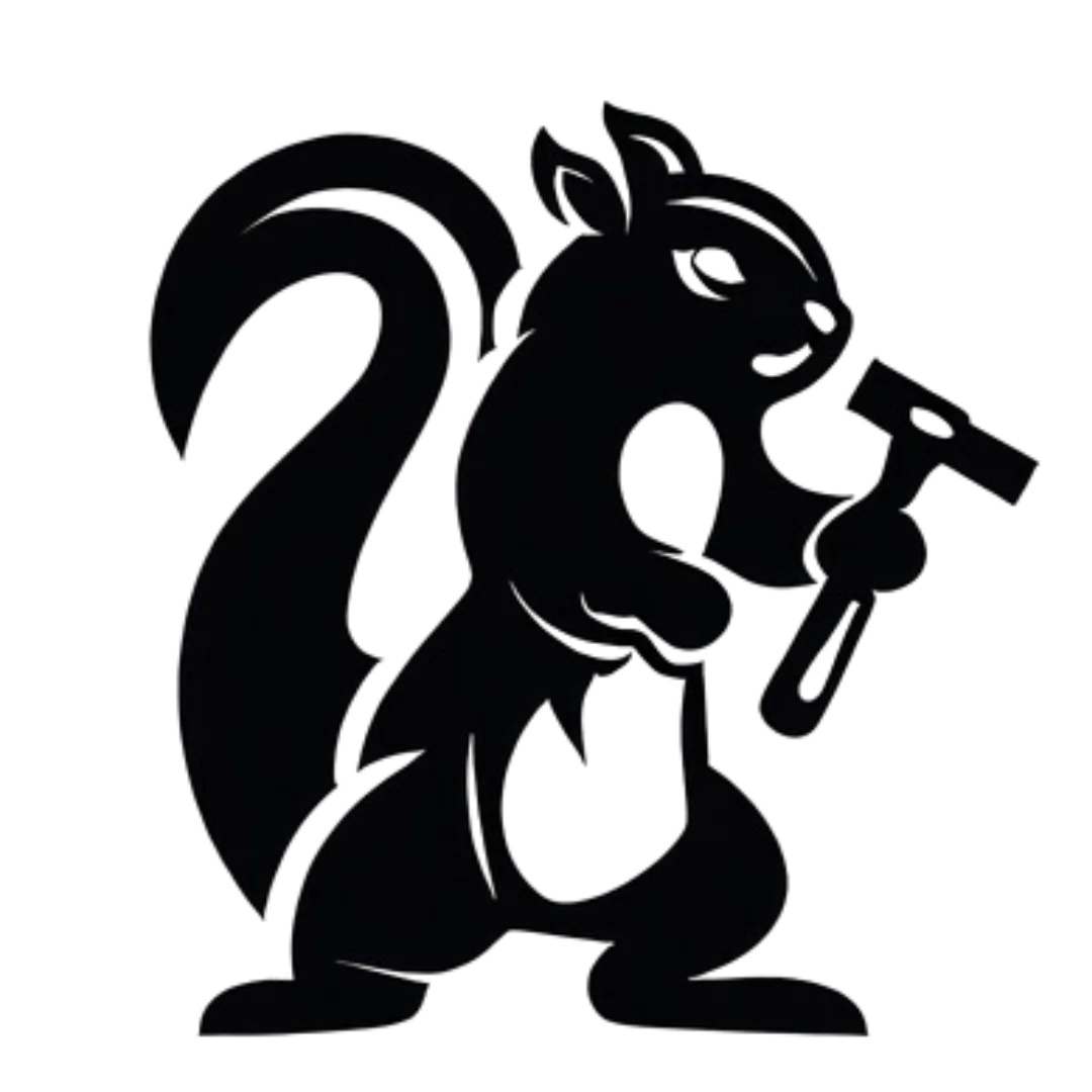 black logo of a squirrel holding a hammer